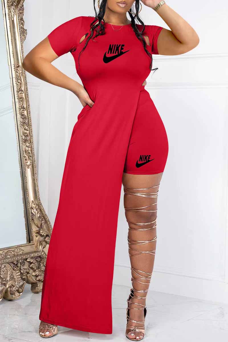 

Red Sexy Print Slit Letter O Neck Short Sleeve Two Pieces