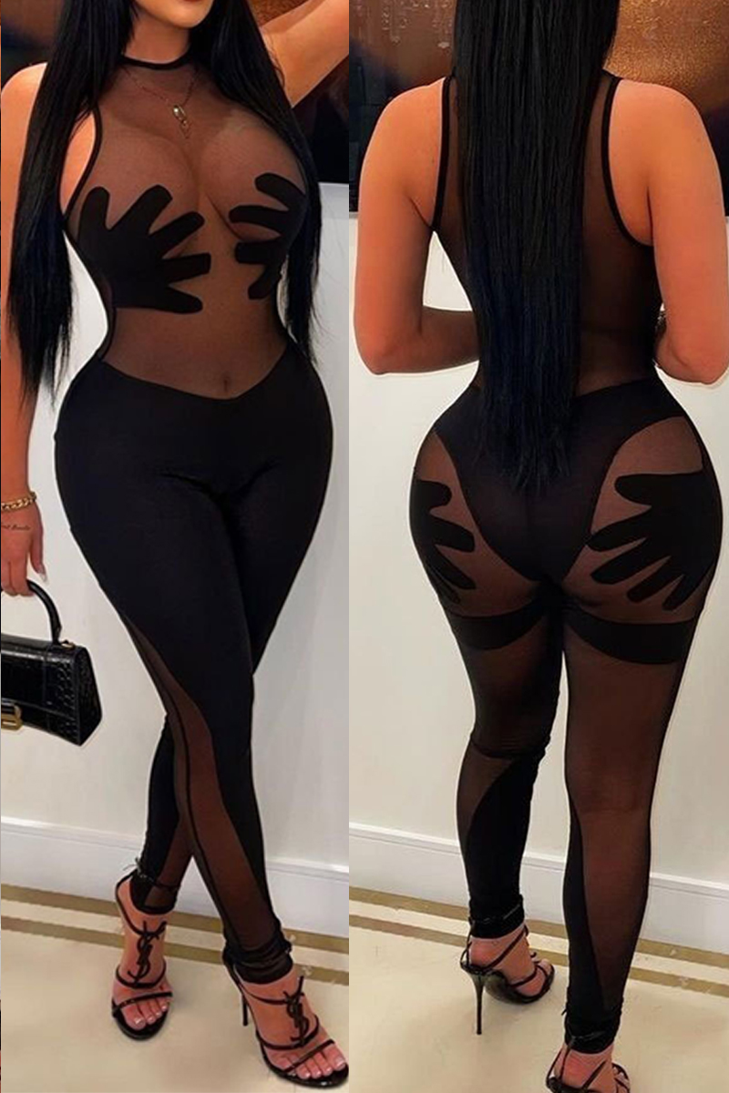 

Black Sexy Solid Patchwork See-through Mesh O Neck Skinny Jumpsuits
