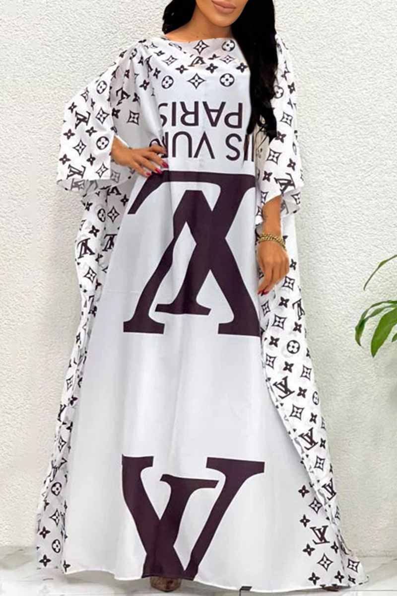 

White Casual Print Letter Off the Shoulder Irregular Dress Dresses