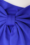 Azul sexy sólido patchwork fenda com laço sem alças sem mangas duas peças