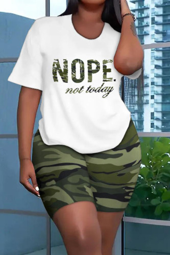 Camouflage Casual Print Patchwork O Neck Short Sleeve Two Pieces