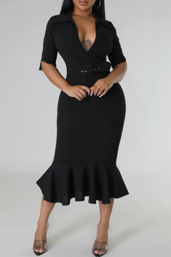Black Elegant Solid Patchwork Flounce With Belt V Neck Trumpet Mermaid Dresses