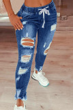 Jeans de talla grande rasgados sólidos casuales de moda azul claro