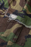 Armeegrüne Street-Print-Patchwork-Hose mit Taschenschlitz, hoher Taille und geradem Volldruck