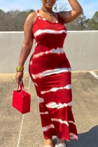 Rode lange jurk met spaghettibandjes en lange rugloze print