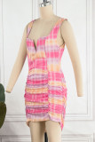 Pink Sexy Print Patchwork Fold Spaghetti Strap Pencil Skirt Dresses