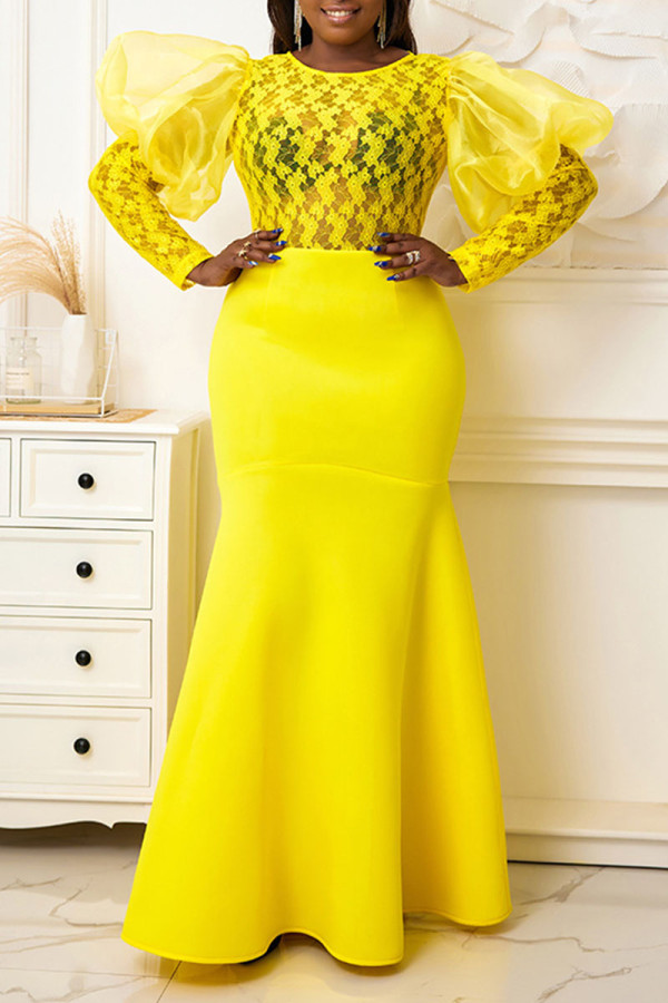 Gelbes, elegantes, festes, durchsichtiges Patchwork-Abendkleid mit O-Ausschnitt in Übergröße