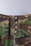 Pantalones con estampado recto de cintura alta con abertura en el bolsillo de patchwork con estampado de calle verde militar