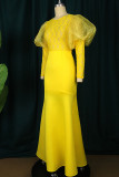 Vestido de noche con cuello en O transparente de patchwork sólido elegante amarillo Vestidos de talla grande