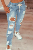 Jeans azul claro moda casual liso rasgado plus size