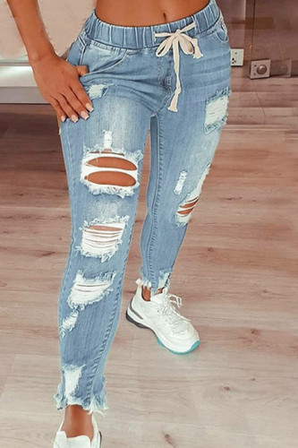 Light Color Fashion Casual Solid Ripped Plus Size Jeans