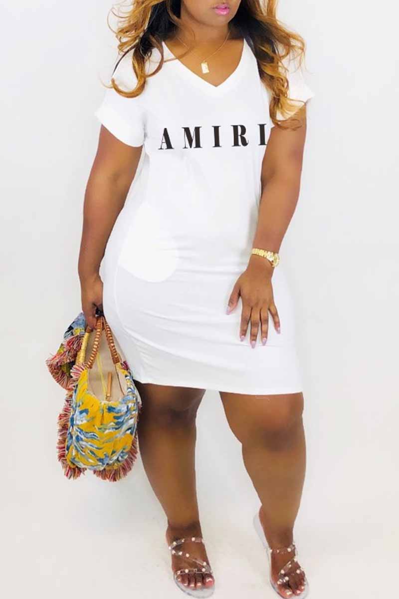 

White Street Print Letter V Neck One Step Skirt Dresses