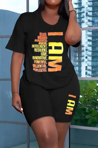 Letter Print Casual Print Patchwork O Neck Short Sleeve Two Pieces