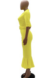Amarelo Elegante Patchwork Sólido Folho com Cinto Decote em V Vestidos Trombeta Sereia