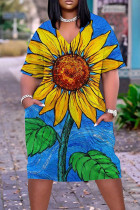 Blauwgele casual streetprint patchwork V-hals rechte jurken