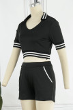Noir Casual Sportswear Solid Patchwork V Neck Short Sleeve Two Pieces