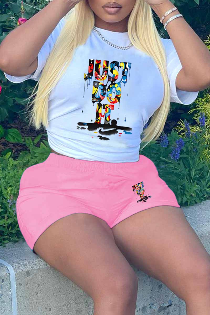 

White Pink Casual Print Letter O Neck Plus Size Two Pieces
