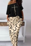Black Red Casual Print Basic Oblique Collar Half Sleeve Two Pieces