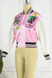 Vêtement de sport décontracté imprimé patchwork boucle col cardigan rose