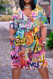 Colour Casual Street Print Patchwork V Neck Straight Dresses