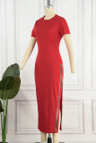 赤いセクシーなソリッド パッチワーク ホット ドリル ジッパー O ネック ペンシル スカート ドレス