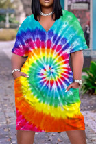 Meerkleurige casual print patchwork jurk met V-hals en print