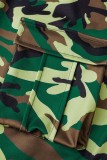 Kaki Casual Camouflage Print Slit Vanlig hög midja Konventionella heltryckskjolar