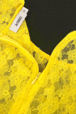Vestido de noite amarelo elegante sólido patchwork transparente com decote em O vestidos plus size