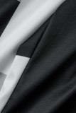 Preto cinza estampa casual patchwork fenda gola oblíqua manga curta duas peças