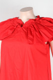 Red Party Solid Flounce Lotus Leaf Collar Dresses