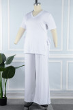 White Casual Solid Bandage Patchwork Slit V Neck Plus Size Two Pieces