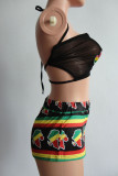 Black Sexy Print Patchwork See-through Backless Halter Sleeveless Two Pieces