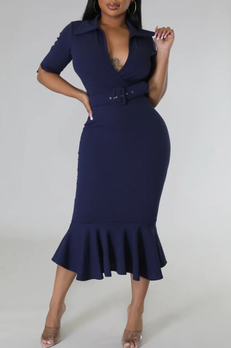 Blue Elegant Solid Patchwork Flounce With Belt V Neck Trumpet Mermaid Dresses