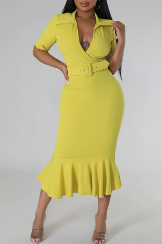 Yellow Elegant Solid Patchwork Flounce With Belt V Neck Trumpet Mermaid Dresses