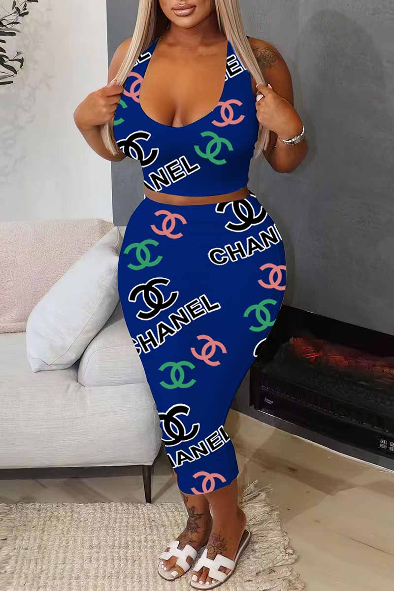 

Blue Sexy Print Letter U Neck Sleeveless Two Pieces