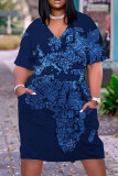 Темно-синее повседневное платье с принтом в стиле пэчворк и V-образным вырезом Платья Платья