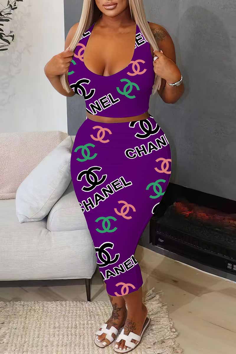 

Purple Sexy Print Letter U Neck Sleeveless Two Pieces