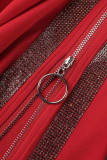 Rot Sexy Solid Patchwork Hot Drill Reißverschluss O-Ausschnitt Bleistiftrock Kleider