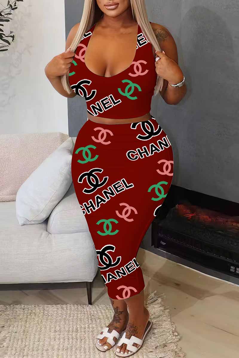 

Red Sexy Print Letter U Neck Sleeveless Two Pieces