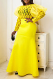 Gele elegante effen patchwork doorzichtige avondjurk met ronde hals Grote maten jurken