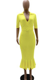 Yellow Elegant Solid Patchwork Flounce With Belt V Neck Trumpet Mermaid Dresses
