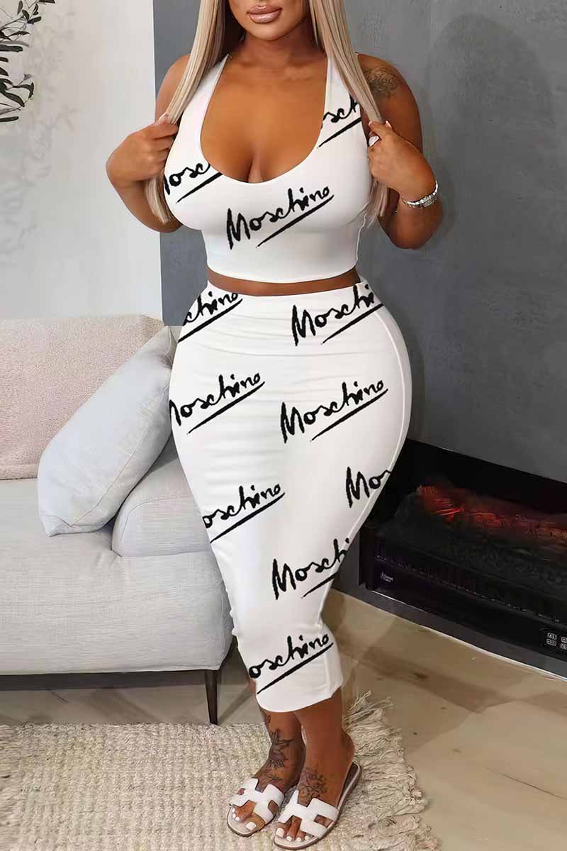 

White Sexy Print Letter U Neck Sleeveless Two Pieces