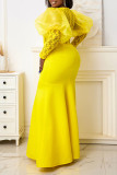 Yellow Elegant Solid Patchwork See-through O Neck Evening Dress Plus Size Dresses