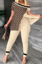 Khaki Casual Print Patchwork Slit Oblique Collar Sleeveless Two Pieces Off Shoulder Split T-Shirt Leggings Slim Pants Sets