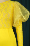 イエロー エレガント ソリッド パッチワーク シースルー O ネック イブニング ドレス プラス サイズのドレス