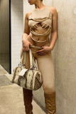 Khaki Sexy Street Solid Hollowed Out Make Old Patchwork O Neck Sleeveless Two Pieces