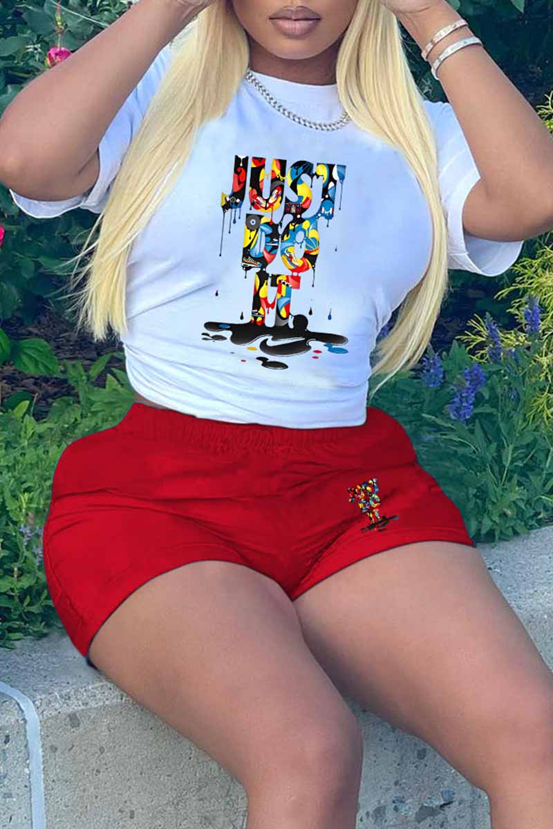 

Red White Casual Print Letter O Neck Plus Size Two Pieces