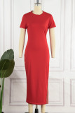 Красное сексуальное однотонное лоскутное горячее сверло на молнии с круглым вырезом юбка-карандаш платья