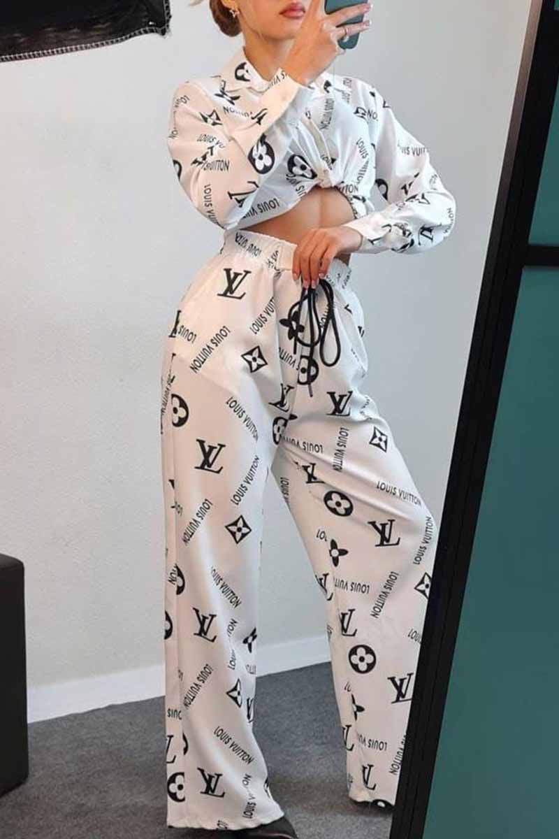 White Casual Print Letter Turndown Collar Long Sleeve Two Pieces