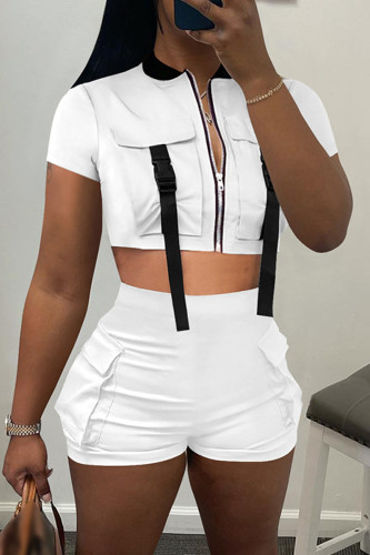 White Casual Solid Patchwork Zipper Collar Short Sleeve Two Pieces